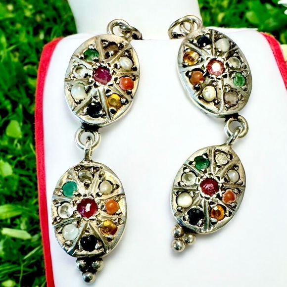 Diamond & Gemstone Sterling Oval Navratna Dangle Earrings​ - Picture 3 of 7